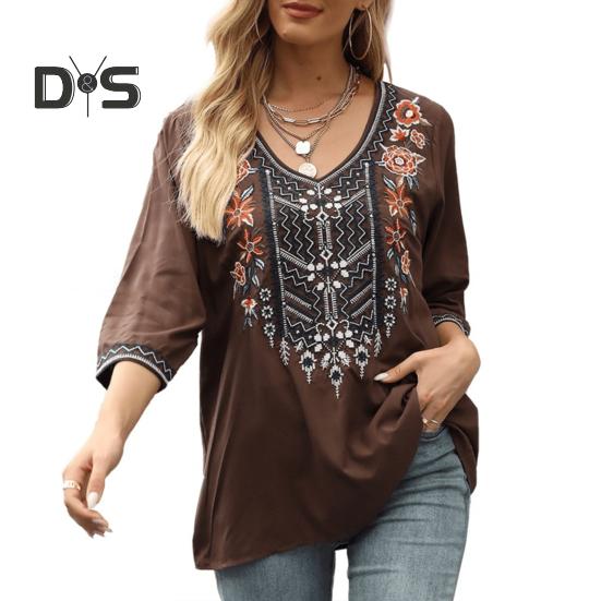Women Blouse Traditional Mexican Women Embroidered Tops Loose Fit Bohemian Floral 3/4 Sleeve Shirt Daily Wear