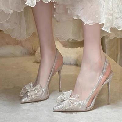 Шампанское с юбкой, высокие каблуки, острый носок, тонкий каблук, пустые одинарные туфли, прозрачный бант, босоножки со стразами, стиль феи