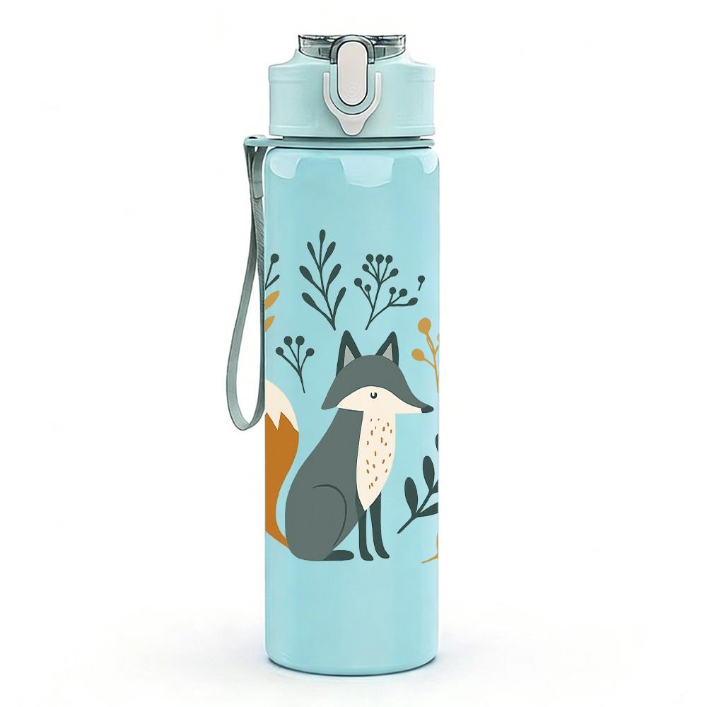 1PC Fox Laurel Wreath Line Art 750ml Color Plastic Sports Water Bottle Leakproof Flip Straw Lid Suitable for Sports Office Home Use