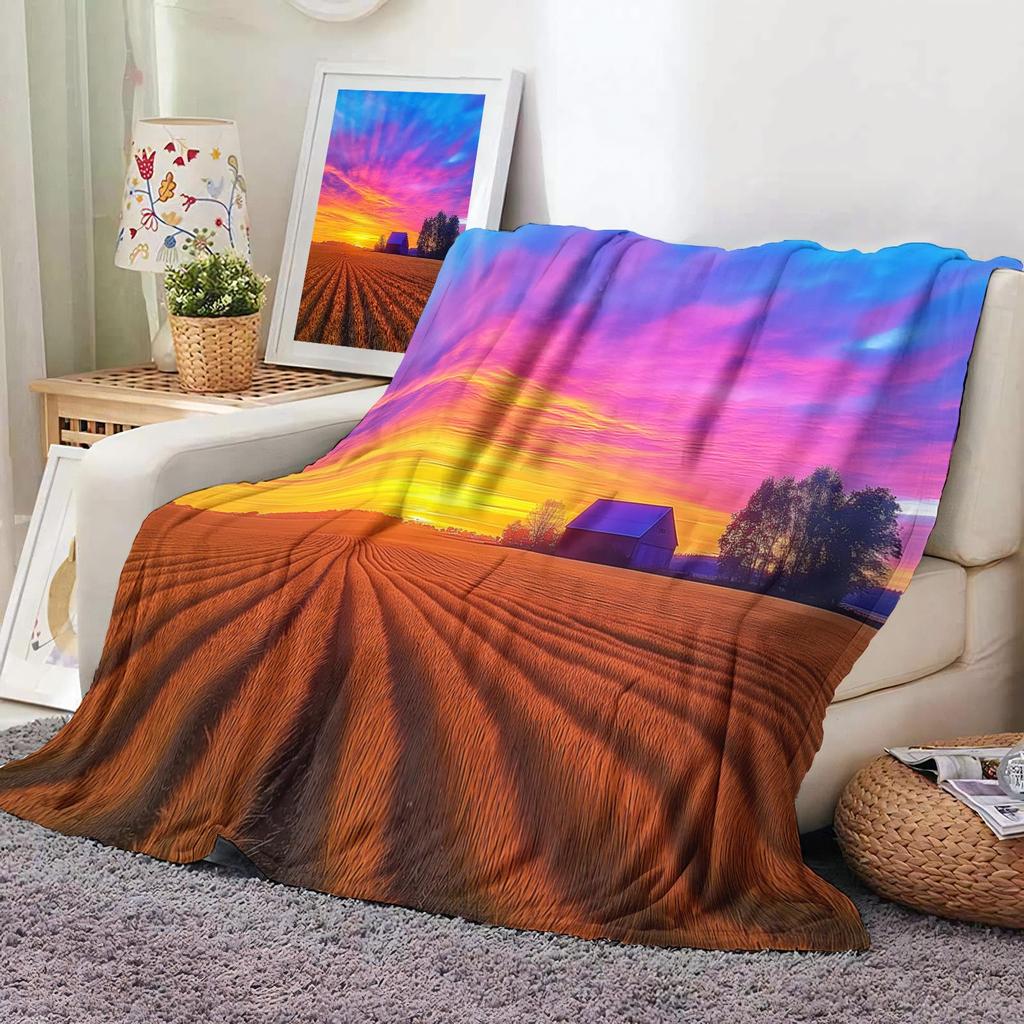 Rustic Wheat Field Fleece Throw Blanket, Soft Cozy Countryside Scene Flannel Blanket for Sofa Camping Trips Office Nap Blanket