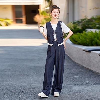 Модный джинсовый костюм-жилет с кружевной отделкой, женский летний новый, омолаживающий, с широкими брюками, комплект из трех предметов