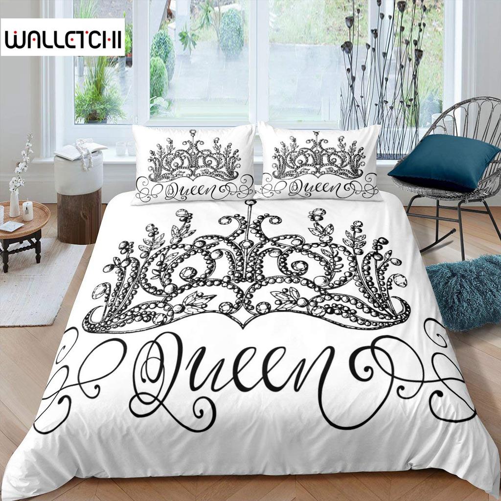 Комплект постельного белья Queen с нарисованной вручную короной и надписью Queen в стиле барокко, комплект постельного белья для двоих, черно-белый пододеяльник
