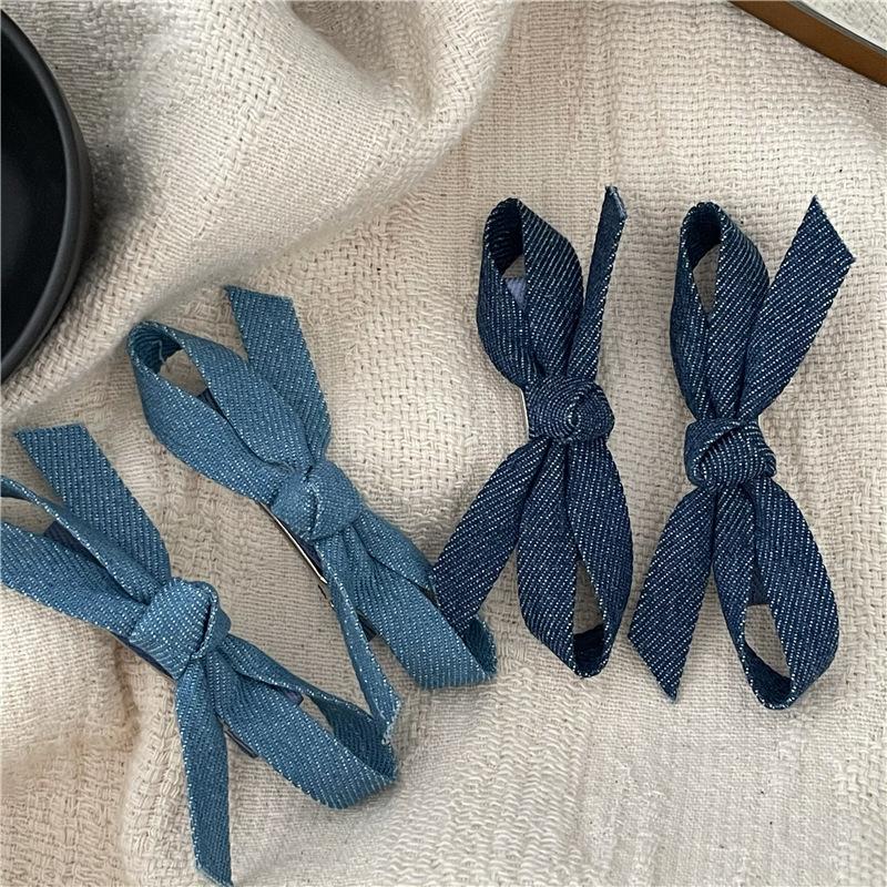 Personality Denim Blue Fabric Bow Barrettes a Pair of Hairclips Side Shredded Hair Bangs Clip Duckbill Clip