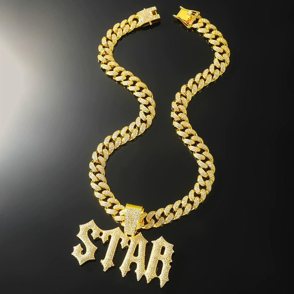 Men Women Hip Hop Letter STAR  Pendant Necklace with Cuban Chain Iced Out Bling Necklaces Tennis Chain Fashion Punk Jewelry Gift
