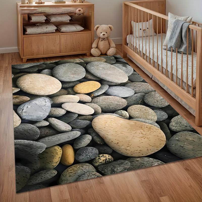 Natural River Stone Print Area Rug, Soft Neutral Floor Mat for Living Room Bedroom Bathroom Rustic Home Decor