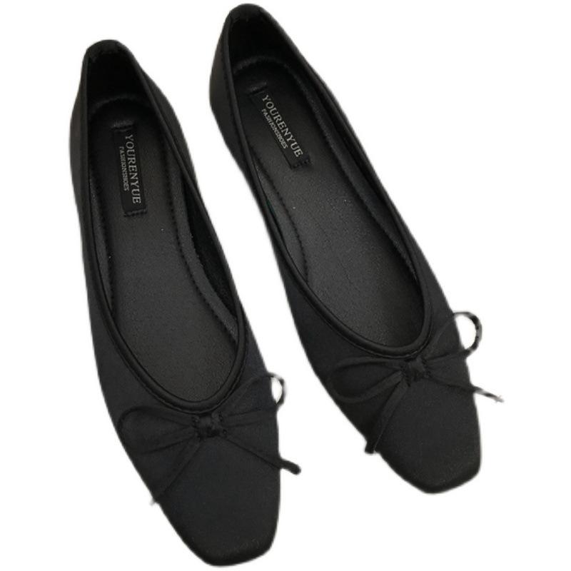 Champagne Bow Square Head Light Mouth Flat Sole Shoes Women's Summer 2025 New Gentle Satin Grandma Shoes