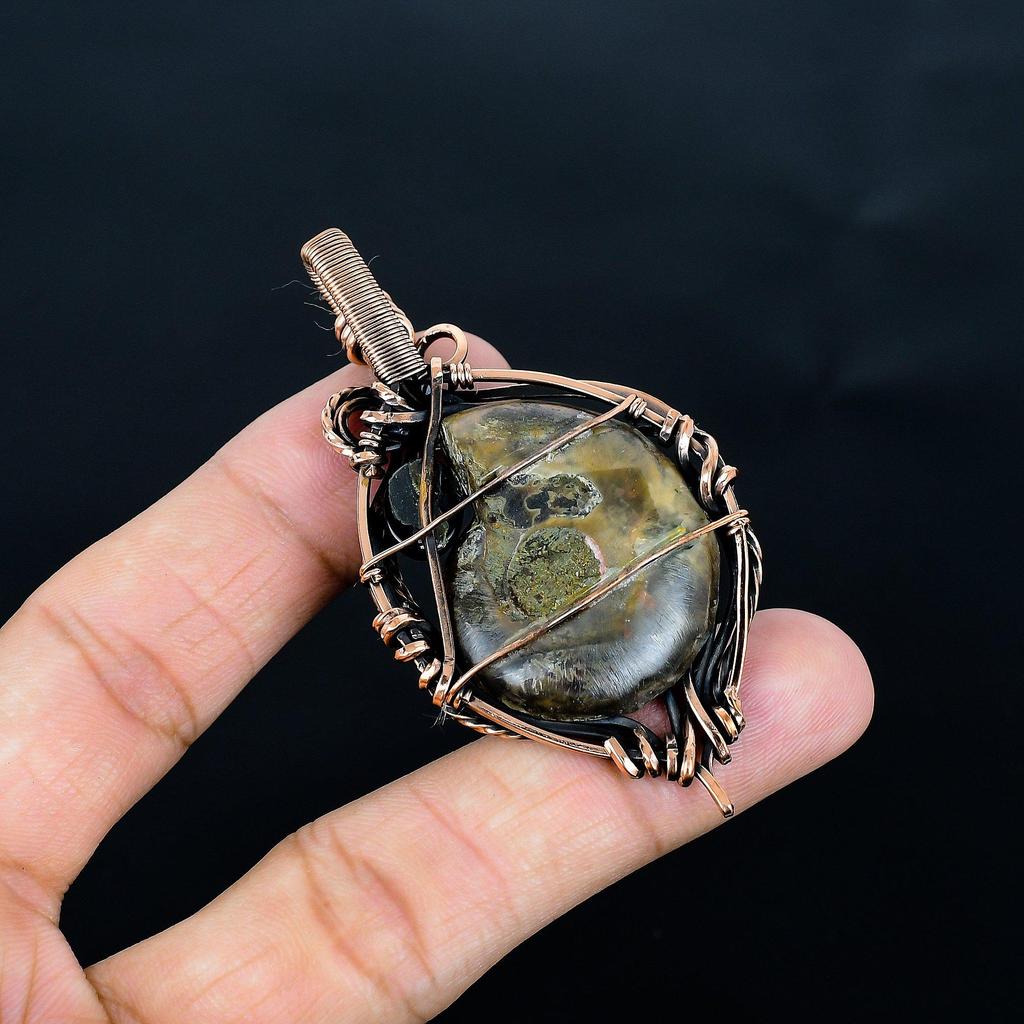 Ammonite Fossil & Black Onyx 999 Copper Wire Wrapped Pendant, Handmade Gemstone Jewelry Pendant For Memorial Day