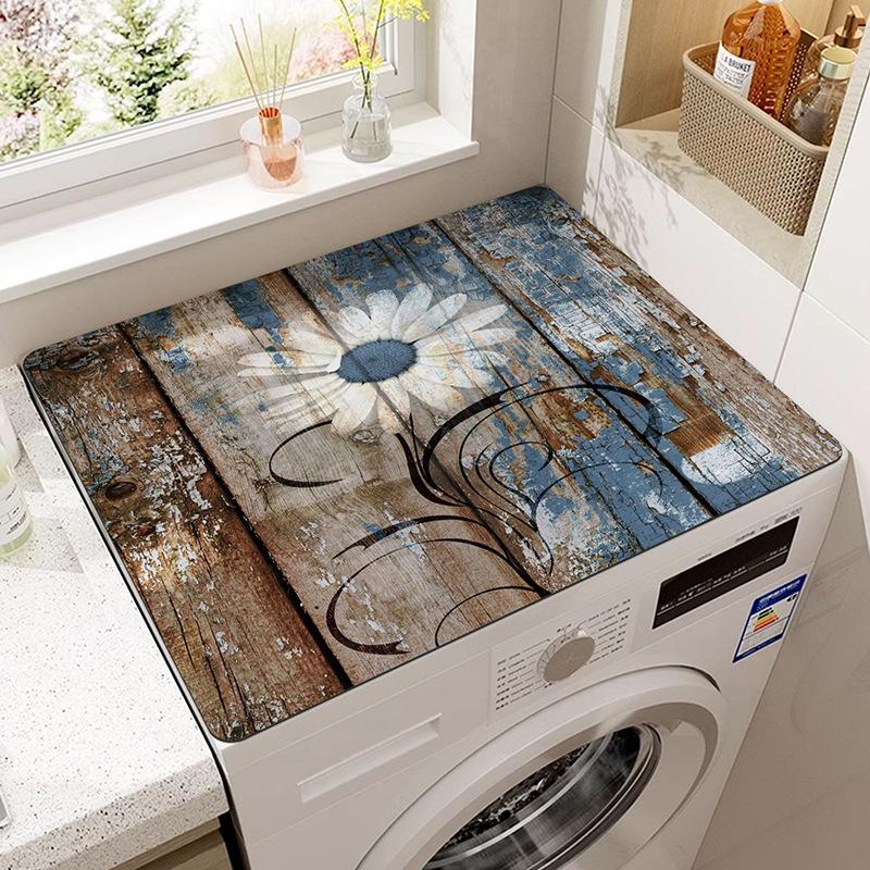 Vintage Checkered Printed Washing Machine Dust Cover Pad, Quick-Dry Absorbent Protective Top Mat For Washer And Dryer