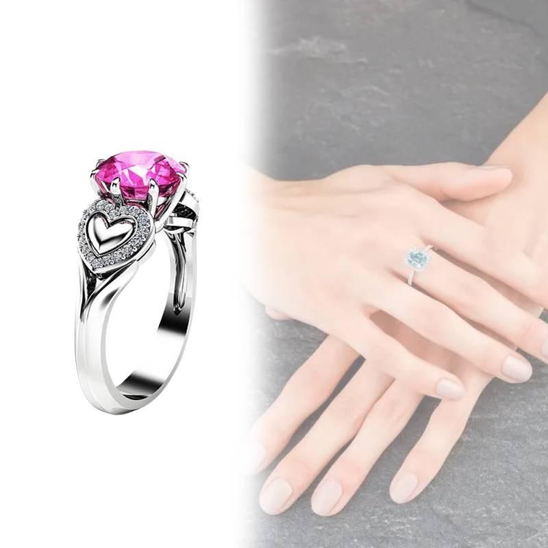 Fashionable Heart Shaped Pink Zircon Crystal Ring With Silver Plated Adjustable Band For Women