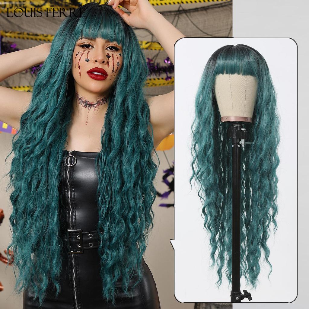 LOUIS FERRE Длинные волнистые черные синтетические парики для женщин, натуральные накладные волосы с челкой, термостойкие парики для повседневного использования, косплей