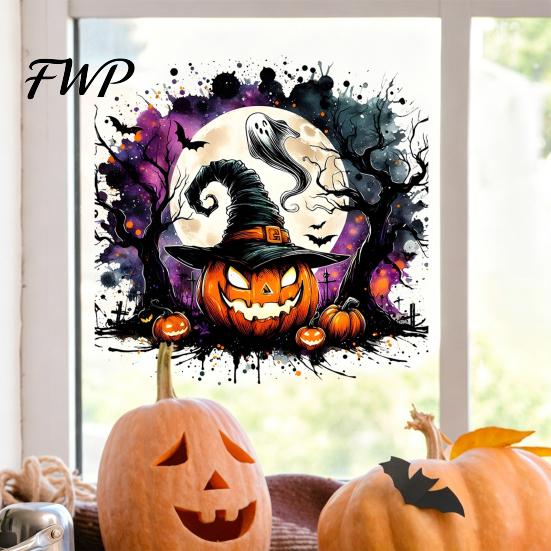 Waterproof Skeleton Wall Stickers Halloween Static Window Clings, Watercolor Pumpkin Ghost Skull Decals, No Festive Party Murals Glue Glass for Living