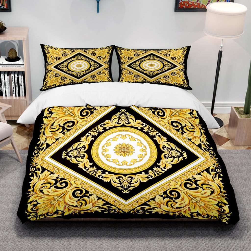 Baroque Bedding Set European Style Black Gold Luxurious Duvet Cover Pillowcases 100% Polyester Full Size Home Decor Bedding Set