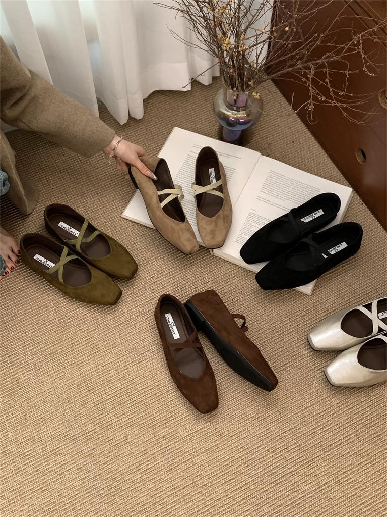 Flat Bottom French Small Square Head Suede Light Mouth Single Shoes Women's Spring and Autumn Evening with Skirt Mary Jane Pregnant Women's Grandma Sh