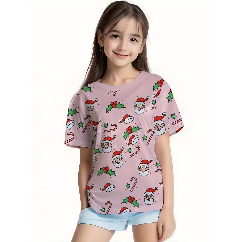 3D printed Christmas T-shirt for girls, Santa Claus short sleeved round neck casual Christmas girl top