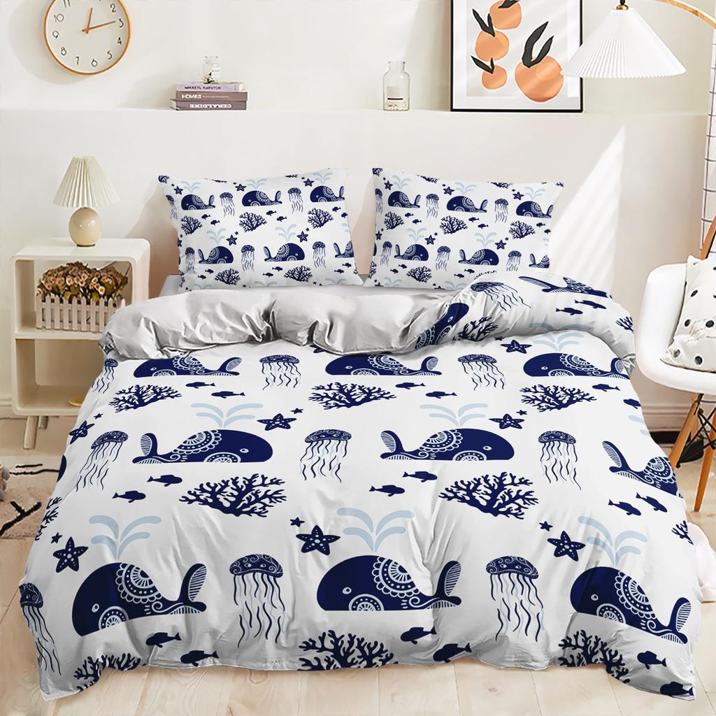 Комплект постельного белья из трех предметов с пододеяльником и цифровой печатью на морскую тематику с морской черепахой
