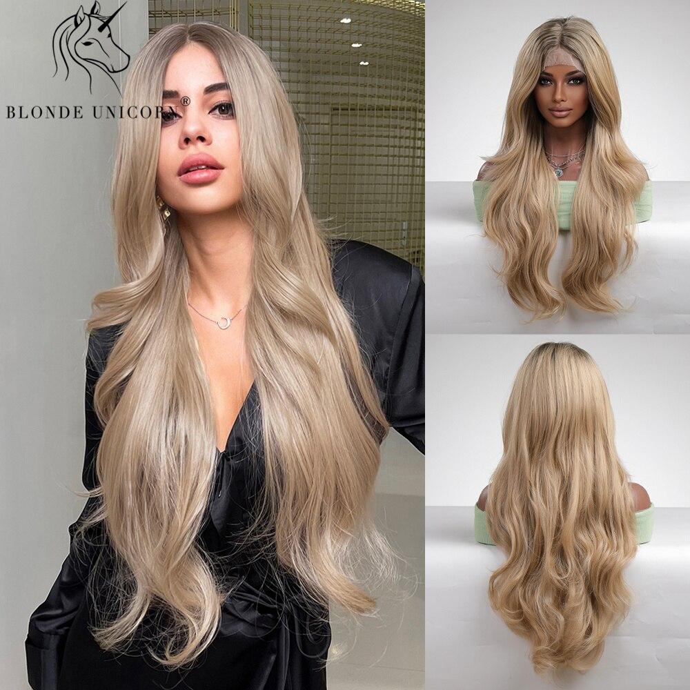 BLONDE UNICORN Синтетический длинный волнистый парик с кружевной частью, коричневый корень, Ombre, светлые волосы, парики для черно-белых женщин, повседневные волосы