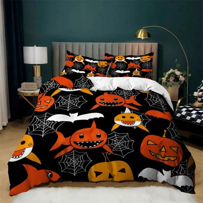 Cartoon Pumpkin Duvet Cover Gothic Halloween Skull Bedding Set Polyester Lantern Ghost Comforter Cover King For Boys Girls Decor