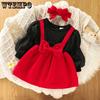 Девочки Платье с рукавами-фонариками Сращивание Искусственный комплект из двух предметов Утолщенный пуловер Круглый вырез С длинными рукавами Трапеция Пышная юбка Красный бант Милый Прекрасный Весна Осень