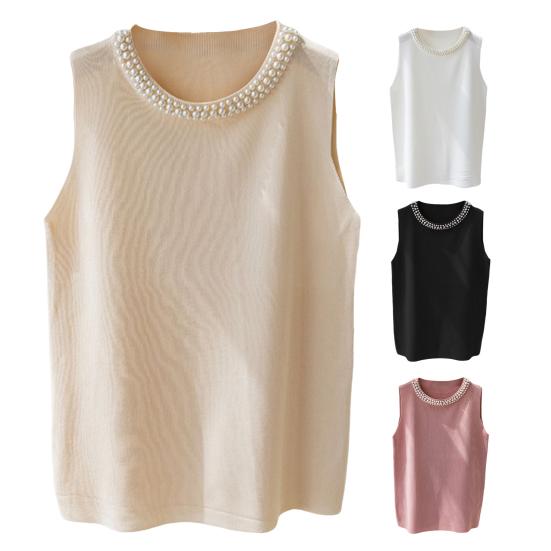 Женский вязаный жилет с круглым вырезом без рукавов, декор из искусственного жемчуга, топы на бретелях, облегающие однотонные эластичные топы