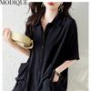 MODIQUE, летняя женская хлопково-льняная блузка больших размеров, однотонные летние пальто, поло большого размера с открытой строчкой, с коротким рукавом и короткими пуговицами