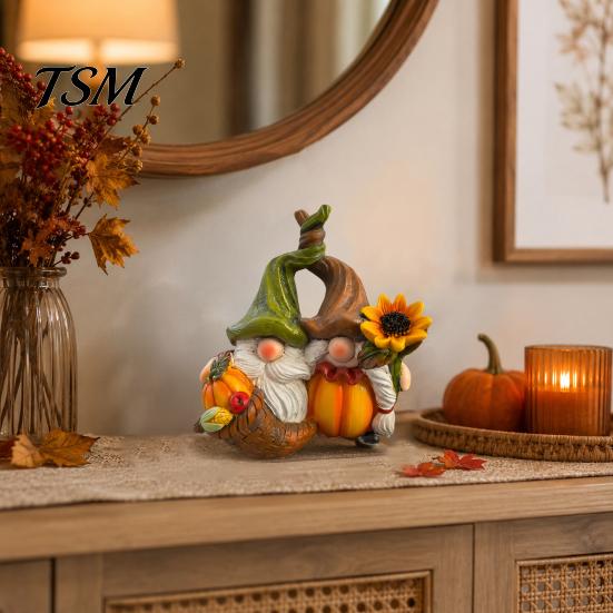 Indoor Tabletop Harvest Display Fall Gnome Ornament, Resin Autumn Figurines with Pumpkin And Sunflower Ornaments Decor for Thanksgiving Halloween,