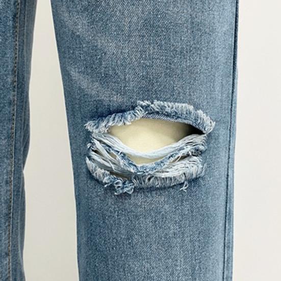 Женские джинсы с карманами, с высокой посадкой, рваные, однотонные, брюки полной длины