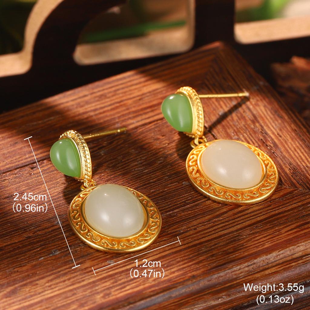 Antique new Chinese style flower fringed pearl earrings Hanfu accessories earrings imitation Hetian jade green agate temperament ear hook