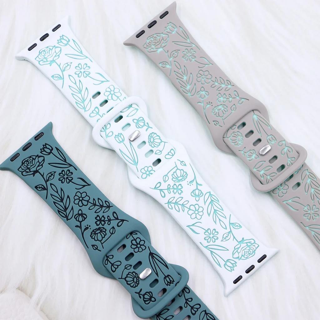 Ремешок с гравировкой и цветочным узором для Apple Watch Band Ultra 2 49/ 46/ 45/ 44/ 40/ 42 мм, браслет IWatch Series 10 9 8 7 6 SE 5 4