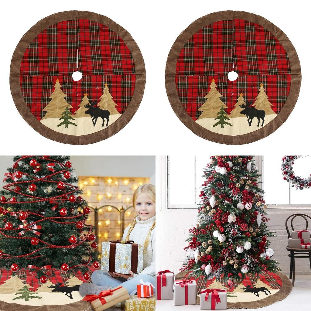 Festive Checked Fabric Christmas Tree Skirt With Charming Embroidery And Unique Design