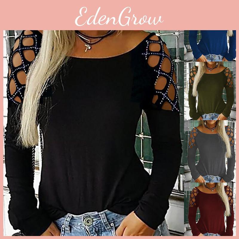 Хлопковая футболка с длинным рукавом с вырезанным узором и сверкающими деталями для женщин