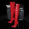 Plus Size Patent Leather Long Tube Super High Heel Over Knee Boots Pointed Thin Heel with Red PU Comfortable Warm Women's Shoes