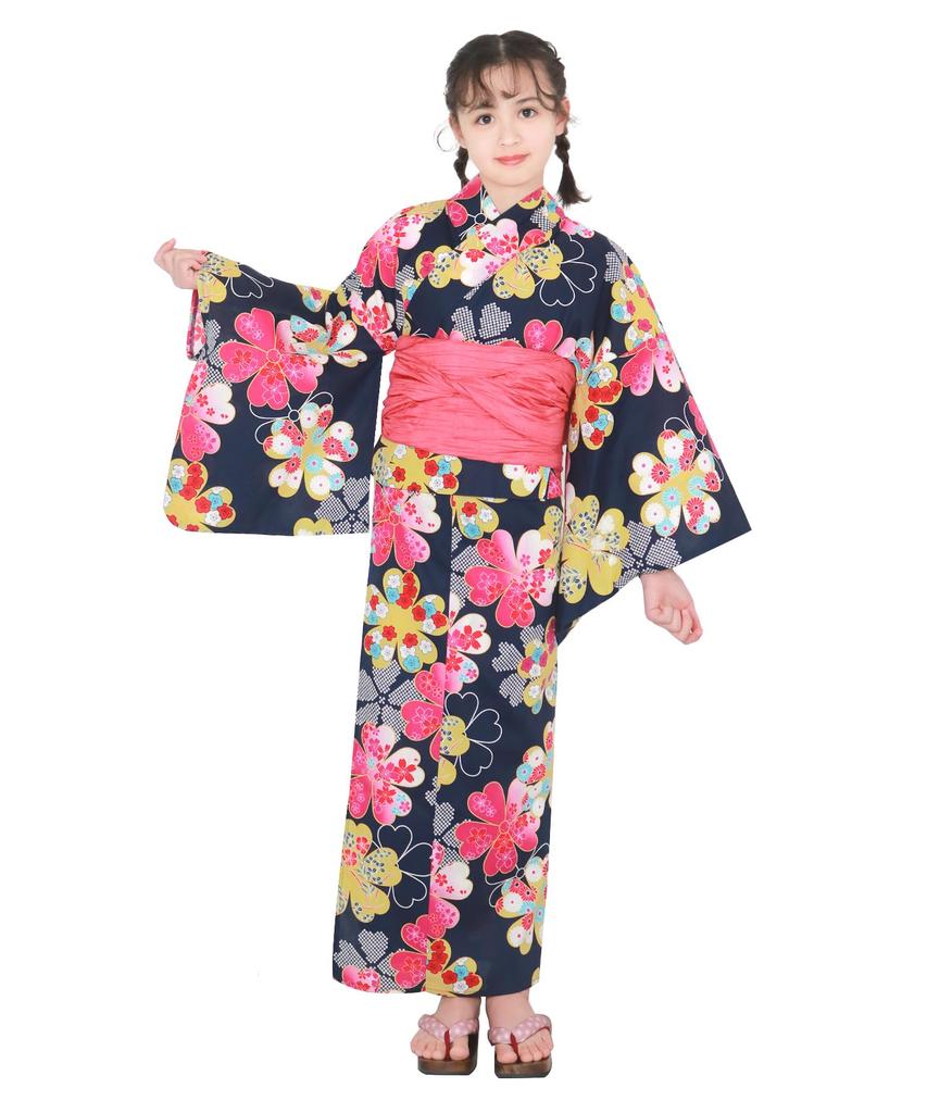 Yukata Two Change 3 Piece Set Heiko Junior Girls Full of [KYOETSU] Set, Yukata, Parts, Girls, Unbleached, Weave, (Yukata, Obi, Geta), (1. Flowers,