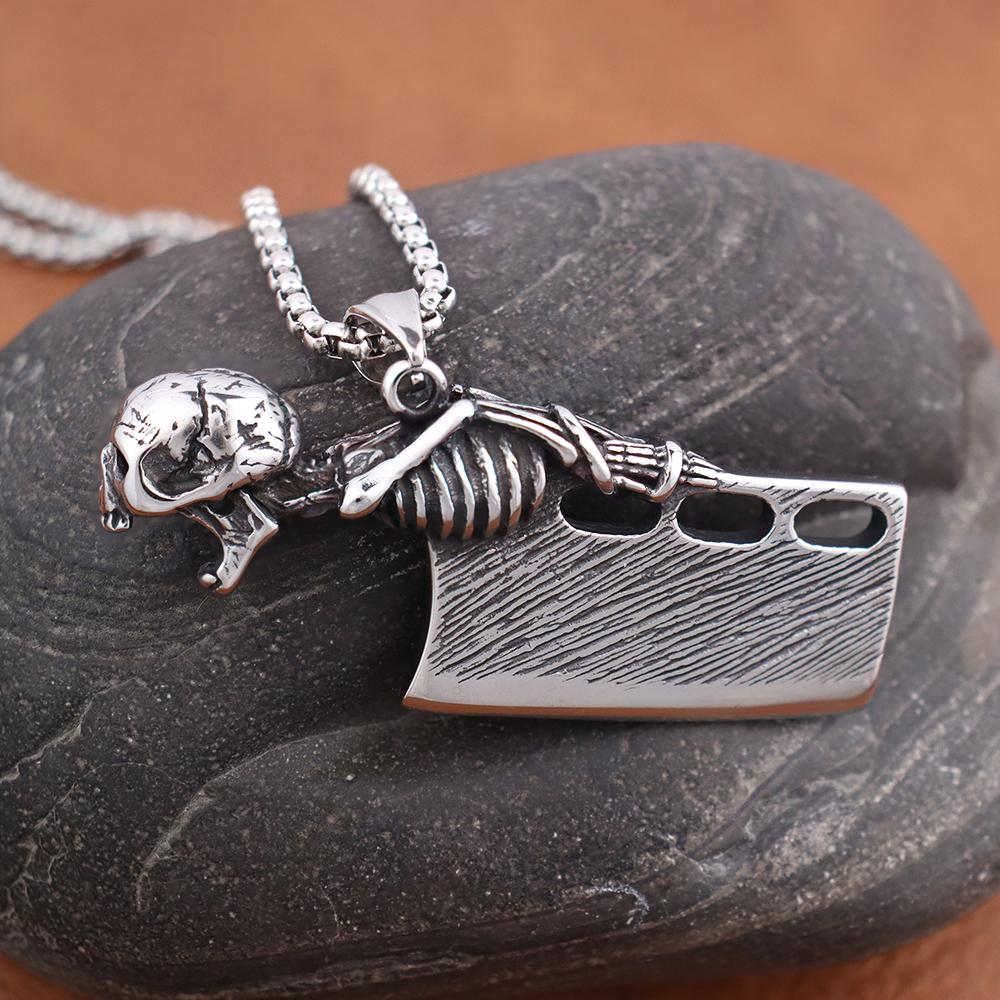 Retro Style Skull Knife Necklace Pendant for Men Punk Hip Hop Stainless Steel Skeleton Bottle Opener Gothic Jewelry