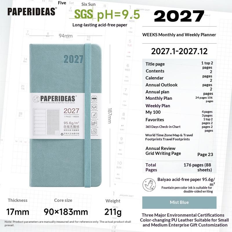 Paperideas Узкий еженедельник 2027 PU Твердая обложка Журнал недель Кислотостойкая бумага Органайзер времени Расписание Руководство