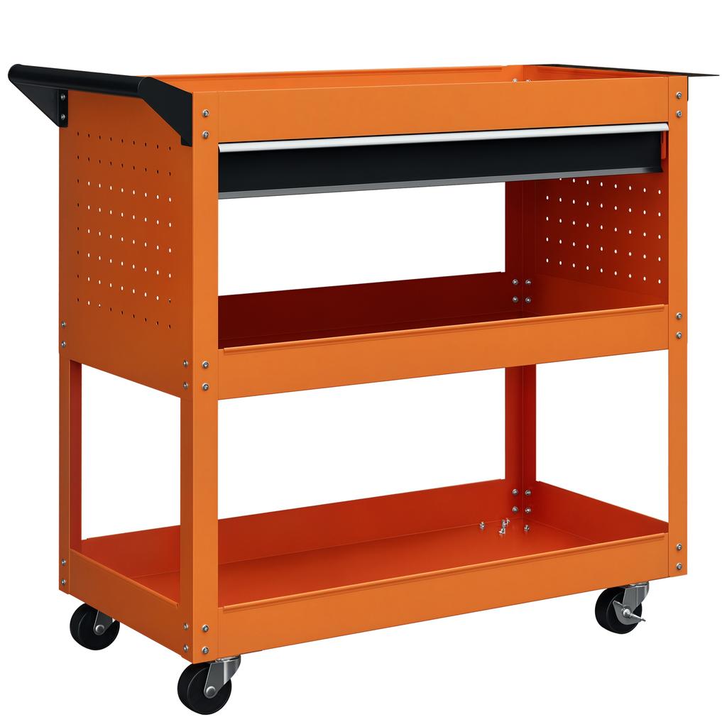 Tool Cart with Side Handle, Drawer and 3 Shelves in Steel, 82x35x76 cm, Orange