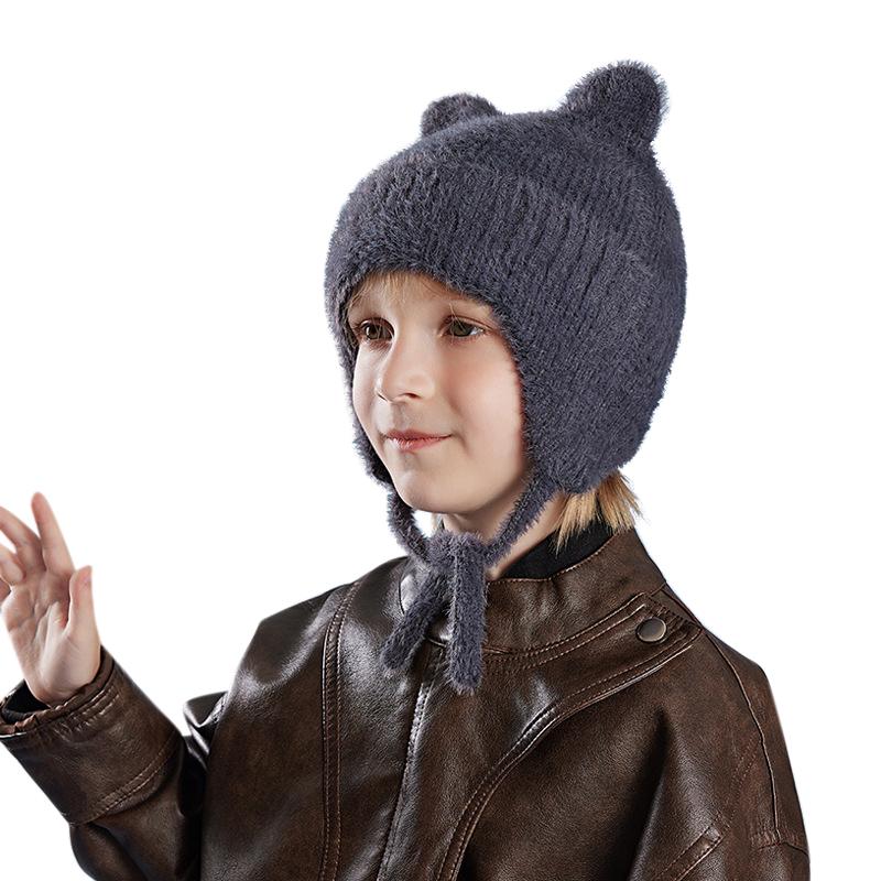 Новые детские шапки, милые вязаные шерстяные шапки с кошачьими ушками, зимние шапки для мальчиков и девочек, детские защитные капюшоны, модные уличные теплые цветные шапки