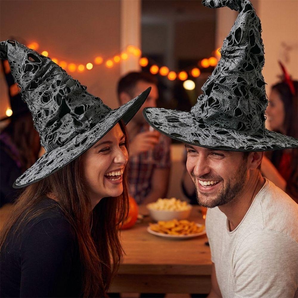 Large Wide Brim Ripped Tattered Witch Hat Tall Pointed Cone Top Pointed Mage Hat  Halloween Party