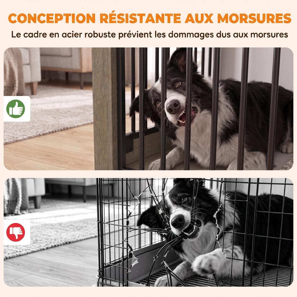 Dog Crate, Wooden and Steel, Sliding Door, Side Table, 100 x 60 x 68 cm, Gray Wood Effect