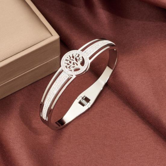 Yousheng Lady Bangle кубический цирконий Древо жизни Декор ажурный гальванизированный титановый стальной браслет для выпускного вечера ежедневный подарок для свиданий для любимых
