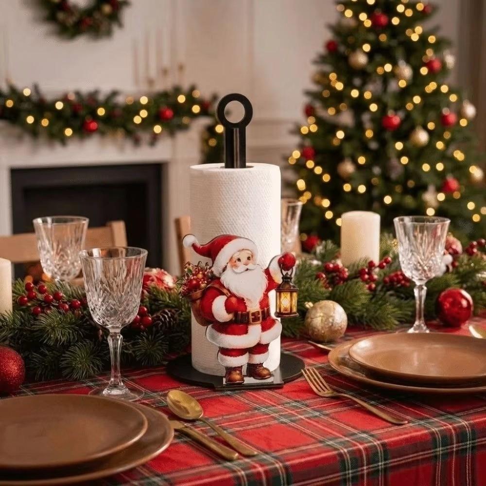 Cartoon Elk Santa Claus Paper Towel Holder Wooden Roll Paper Towel Holder  For Christmas Home Decor