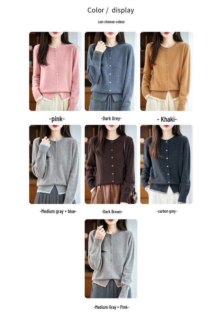 Women's Color Block Cashmere Wool Knit Cardigan Sweater - Loose Fit, Round Neck, Korean Style