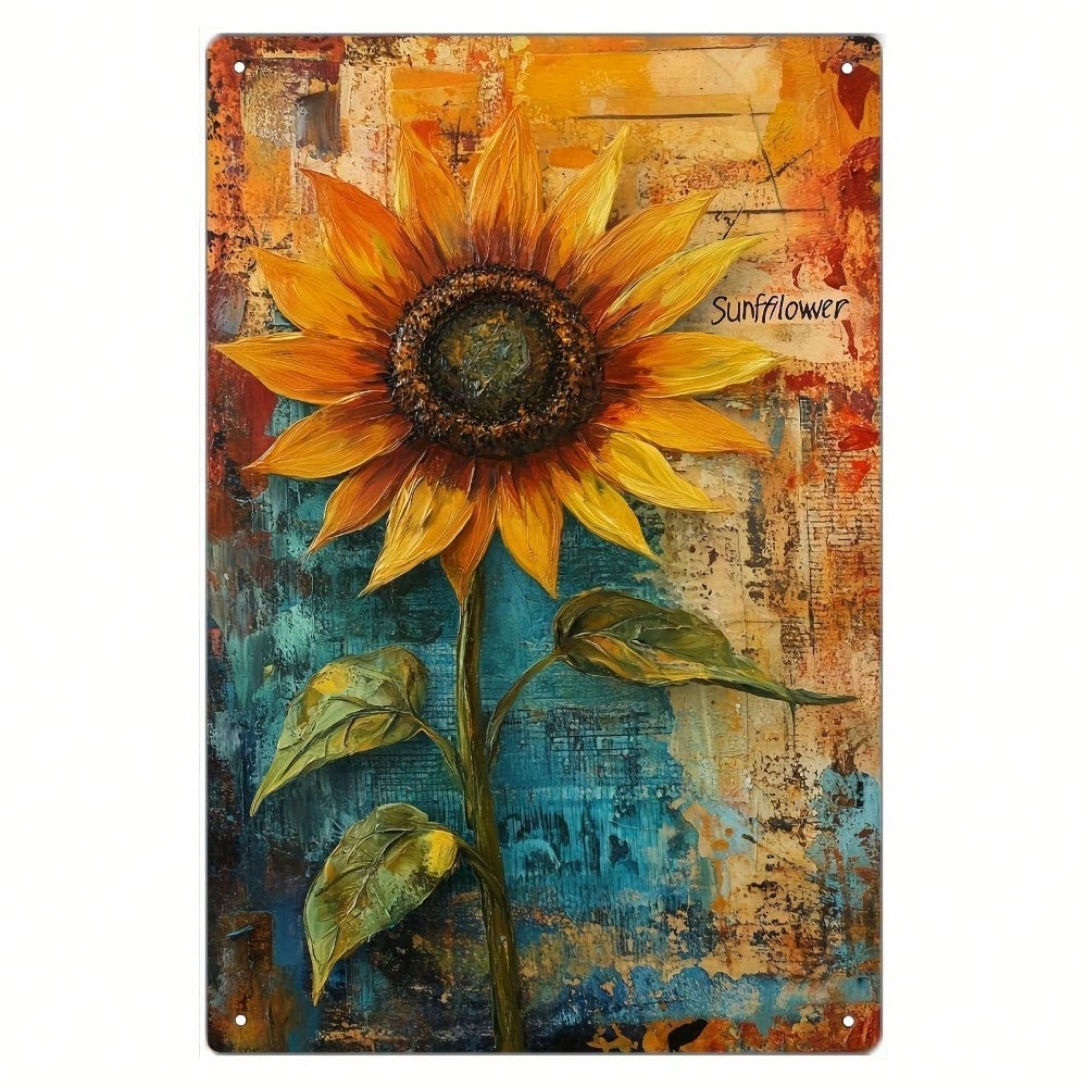 Vintage Sunflower Metal Wall Art 20.32x30.48cm - Retro Tinplate Decor, Vibrant Rustic Sign for Living Room Bedroom