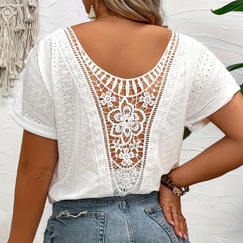 Плюс размер женский летний стиль коммутационный однотонный дышащий круглый вырез короткий рукав кружевной пэчворк топ