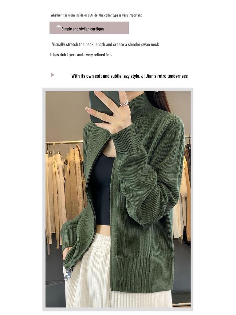 Women's 2023 Korean-Style Knit Stand Collar Double Zipper Casual Sweater Jacket