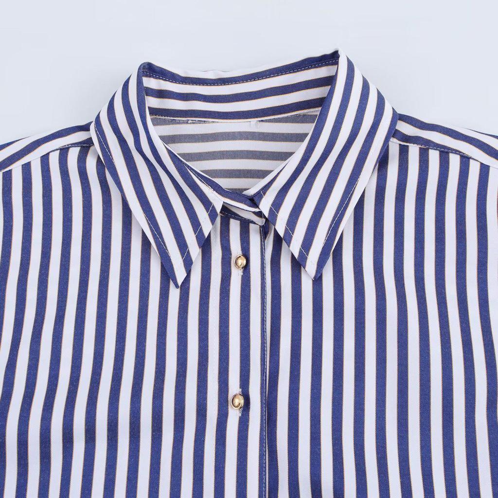 2025 Spring Women's Metallic Thread Striped Long Sleeve Shirt - Euro-American Style