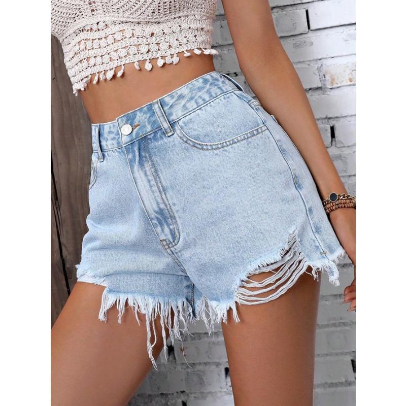 Женские повседневные джинсовые шорты с высокой талией, потертыми краями и дырками