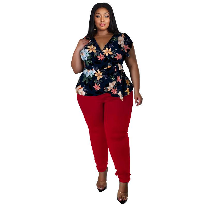 Women's Spring and Summer Printed V-Neck Short Sleeve Top Long Pants Casual Suit