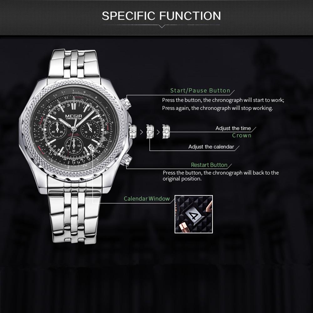 MEGIR Fashion Business Men's Watch Stainless Steel Quartz Wristwatch Calendar Big Dial Military Sport Chronograph Clock 2006