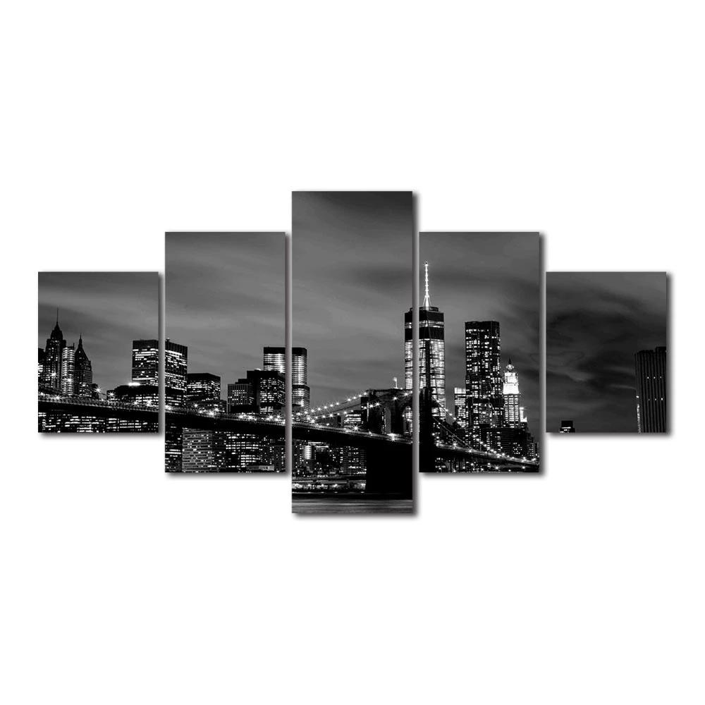 Canvas Painting Wall Art 5 Pcs New York Skyline Bridge Night View Poster Prints Modular Picture Home Decor Living Room No Framed
