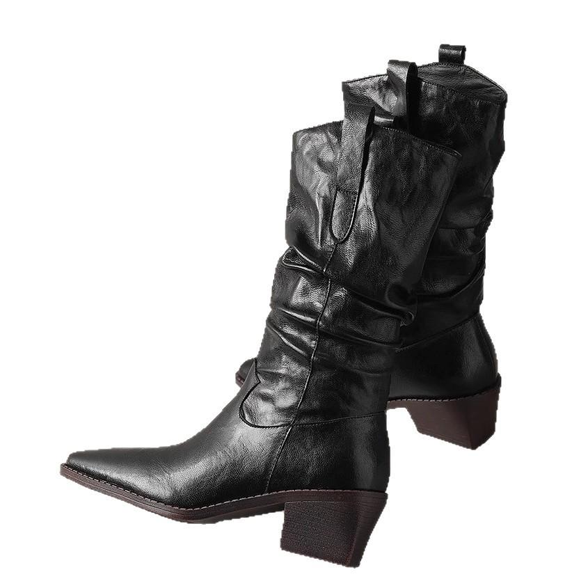 Короткие ботинки из кожи в стиле Майяр женские осенне-зимние ботинки ботинки на наборном каблуке ботинки средней высоты рыцарские ботинки толстый каблук ковбойские ботинки в западном стиле